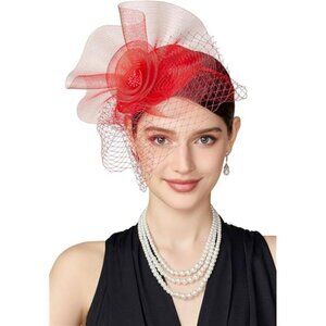 Tea Party Hat Kentucky Fascinator Derby Flower Red